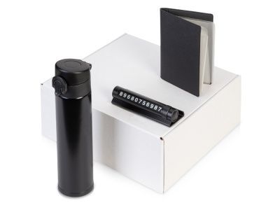 Подарочный набор «Premier» с термокружкой, парковочной визиткой и обложкой для документов, цвет: черный