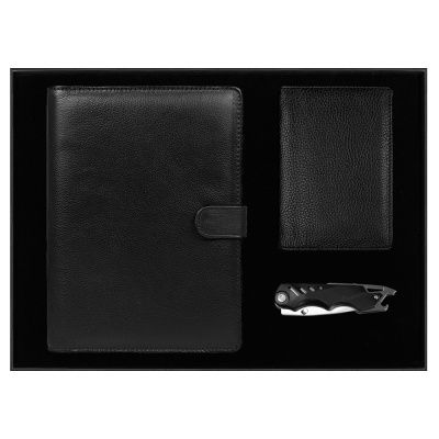 Набор подарочный Solution Prestige Quadro (Блокнот Flexy Forest Urban Latte в суперобложке Country Leather Sky, обложка для автодокументов Leather Sun, нож складной Tools Impression)