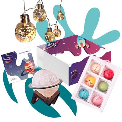 Подарочный набор «Космос нас ждёт»: увлажнитель воздуха, гирлянда, конфеты, открытка