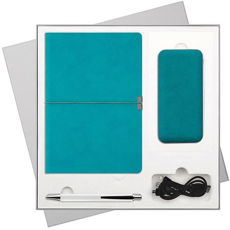 Подарочный набор In Velour, бирюзовый (ежедневник, ручка, аккумулятор)