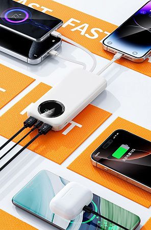 Зарядное устройство "Phantom" 10000 mAh с 4мя встроенными кабелями и цифровым индикатором заряда