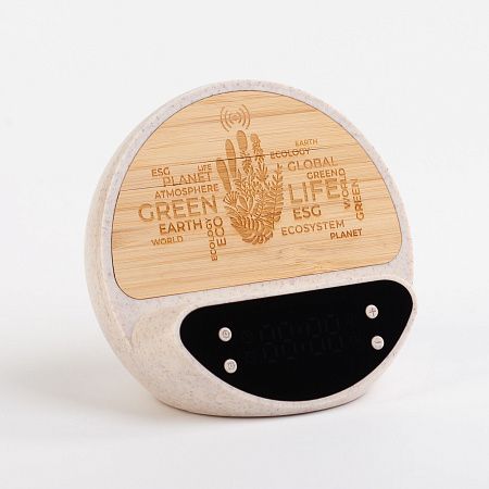 Настольные часы "Smiley" с беспроводным (10W) зарядным устройством и будильником, пшеница/бамбук/пластик