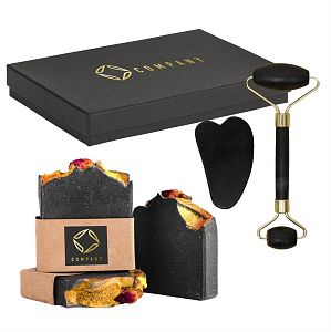 Подарочный набор «Чёрное золото»: Гуаша, массажный ролик, мыло