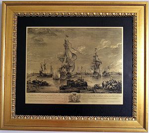 Гравюра "Гавань Брюгге" в раме с лепниной