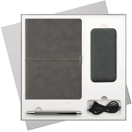 Подарочный набор In Velour, серый (ежедневник, ручка, аккумулятор)