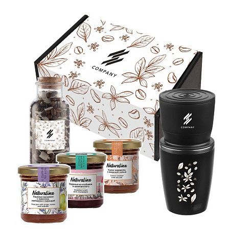 Подарочный набор "Пробуждение": кофеварка, кофе, варенье 2 шт., крем-карамель