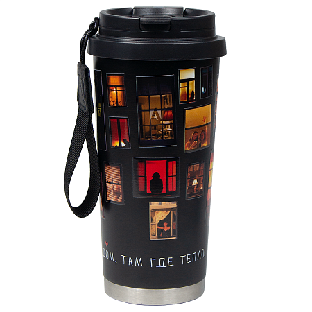 Термокружка Cosmostar металлическая Print Sample "Дом", 550 мл, черная с серебром в тубусе