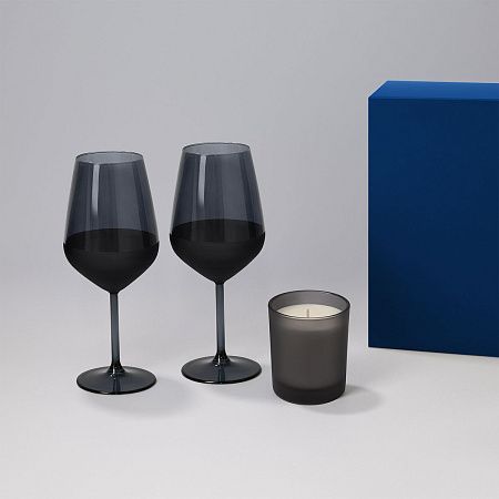 Подарочный набор свеча Enigma + 2 бокала для вина Black Edition в синей коробке