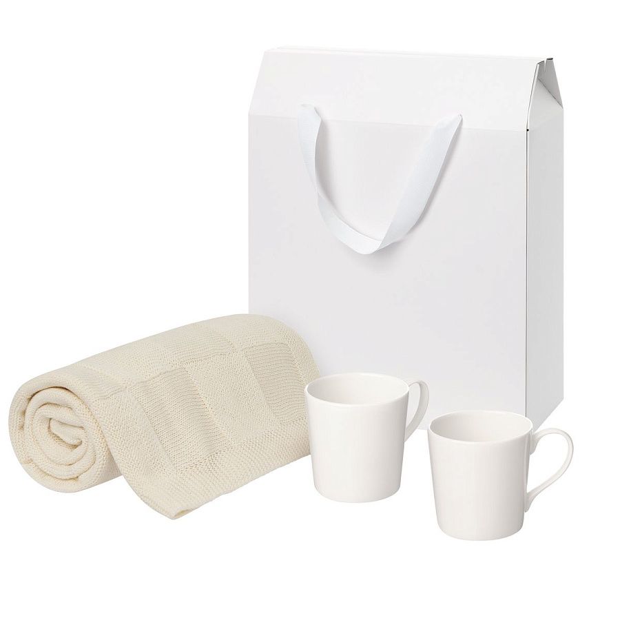 Подарочный набор Сиена (Siena), Селла (Cella), бежевый в коробке-пакете (две фарфоровых кружки, плед)
