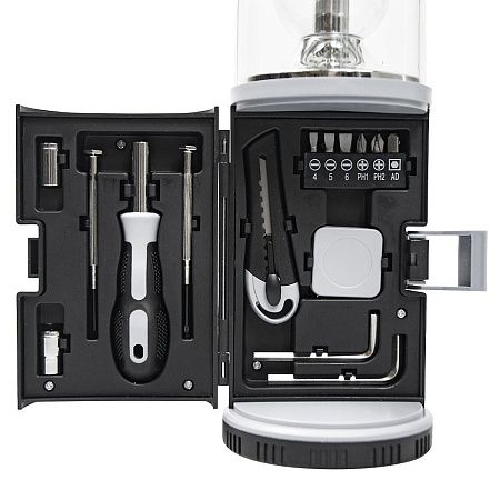 Набор инструментов Tools lantern cо встроенной лампой , 15 инструментов,  черный, в пластиковом футляре