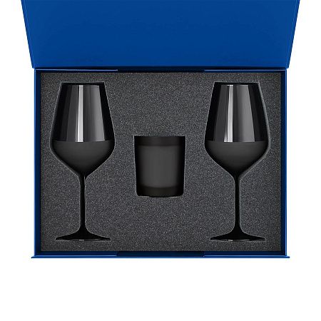 Подарочный набор свеча Enigma + 2 бокала для вина Black Edition в синей коробке