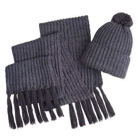 Вязаный комплект шарф и шапка "GoSnow", антрацит c фурнитурой, темно-серый, 70% акрил,30% шерсть