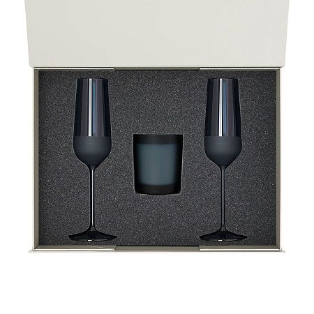 Подарочный набор свеча Энигма (Enigma) + 2 бокала для шампанского Сапфир (Sapphire) в серой коробке