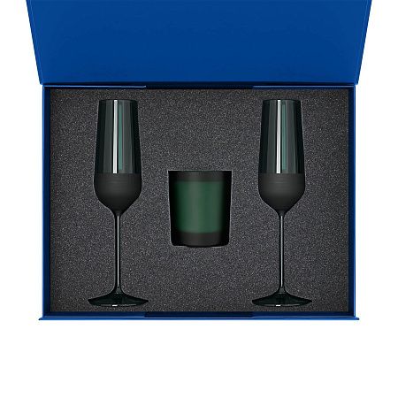 Подарочный набор свеча Энигма (Enigma) + 2 бокала для шампанского Эмеральд (Emerald) в синей коробке