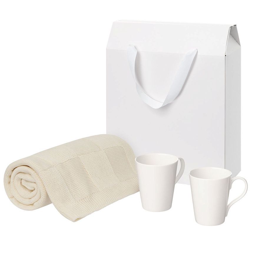 Подарочный набор Веста (Vesta), Селла (Cella), бежевый в коробке-пакете (две фарфоровых кружки, плед)