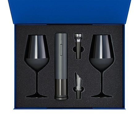 Подарочный набор 2 бокала для вина Sapphire + набор для вина с электрическим штопором Sacramento, в синей коробке
