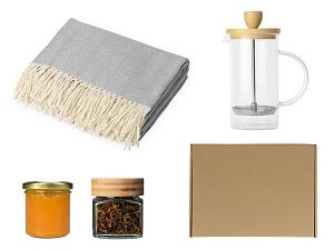 Подарочный набор с пледом, френчпрессом, чаем и вареньем