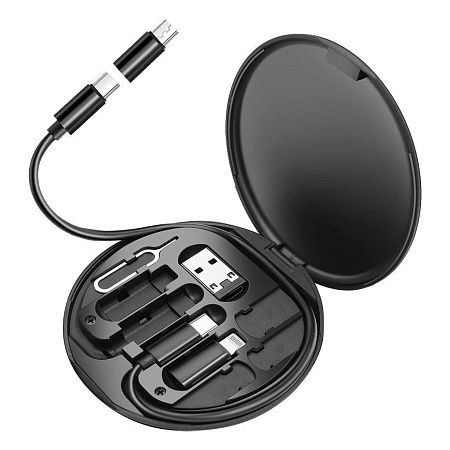 Кабель зарядный выдвижной USB Light Sound  60W 3-в-1 на Lightning, Micro-USB, Type-C «U50» 2,4 A, Quick Charge в пластиковом футляре, черный