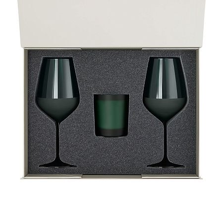 Подарочный набор свеча Энигма (Enigma) + 2 бокала для вина Эмеральд (Emerald) в серой коробке