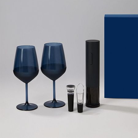 Подарочный набор 2 бокала для вина Sapphire + набор для вина с электрическим штопором Sacramento, в синей коробке