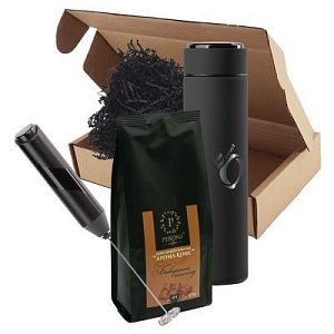 Подарочный набор "Нуар": термос с индикатором, капучинатор, кофе зерновой