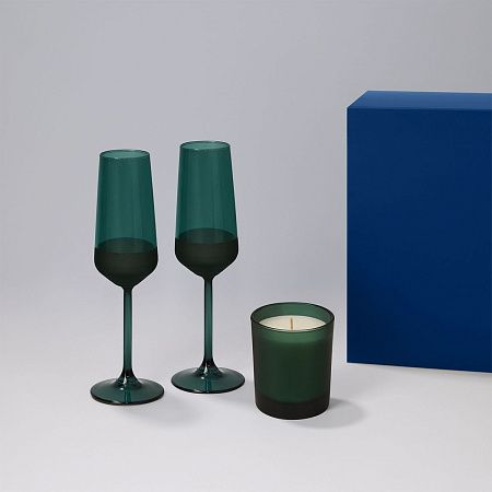 Подарочный набор свеча Enigma + 2 бокала для шампанского Emerald в синей коробке