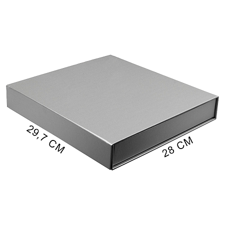 Подарочная коробка, размер 29,7*28,0*4,5 см,  Solution Prestige Magnum Linen  с магнитным клапаном под индивидуальную вырубку, серебристая, с бежевым ложементом