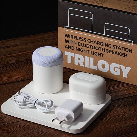 Станция беспроводной зарядки с колонкой и ночником Trilogy, белая