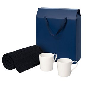 Подарочный набор Сиена (Siena), Фадо (Fado), темно-синий в коробке-пакете (две фарфоровых кружки, плед)