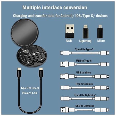 Кабель зарядный выдвижной USB Light Sound  60W 3-в-1 на Lightning, Micro-USB, Type-C «U50» 2,4 A, Quick Charge в пластиковом футляре, черный