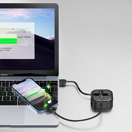 Кабель зарядный выдвижной USB Wingle 3-в-1 на Lightning, Micro-USB, Type-C «U50» 2,4 A, Quick Charge с подставкой для телефона, квадратный, черный