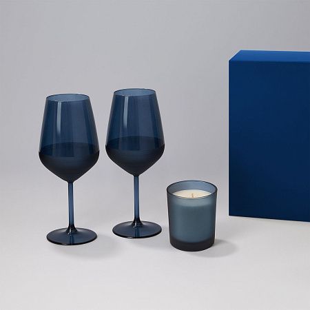 Подарочный набор свеча Энигма (Enigma) + 2 бокала для вина Сапфир (Sapphire) в синей коробке