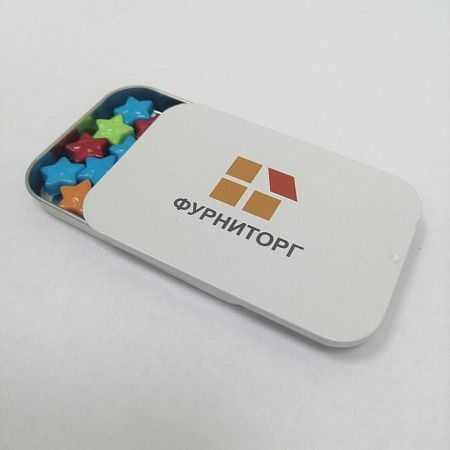 Баночка с конфетами драже с брендированием,Slide-Tin