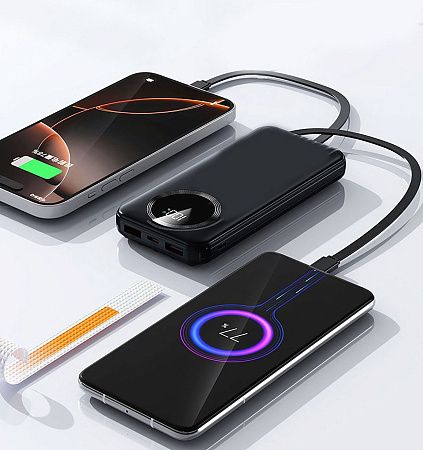 Зарядное устройство "Phantom" 10000 mAh с 4мя встроенными кабелями и цифровым индикатором заряда