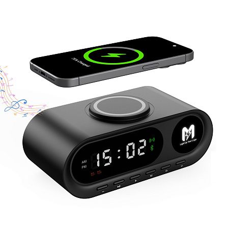 Настольные часы "Smart Hub" с bluetooth колонкой 5Вт, беспроводной (15W) зарядкой и подсветкой логотипа