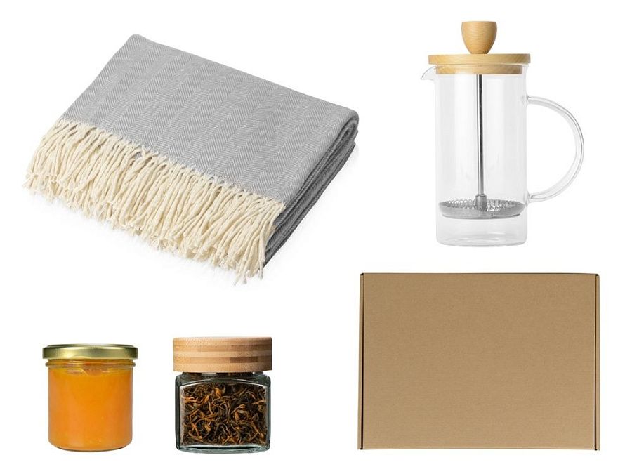 Подарочный набор с пледом, френчпрессом, чаем и вареньем