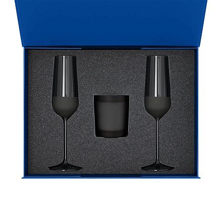 Подарочный набор свеча Enigma + 2 бокала для шампанского Black Edition в синей коробке